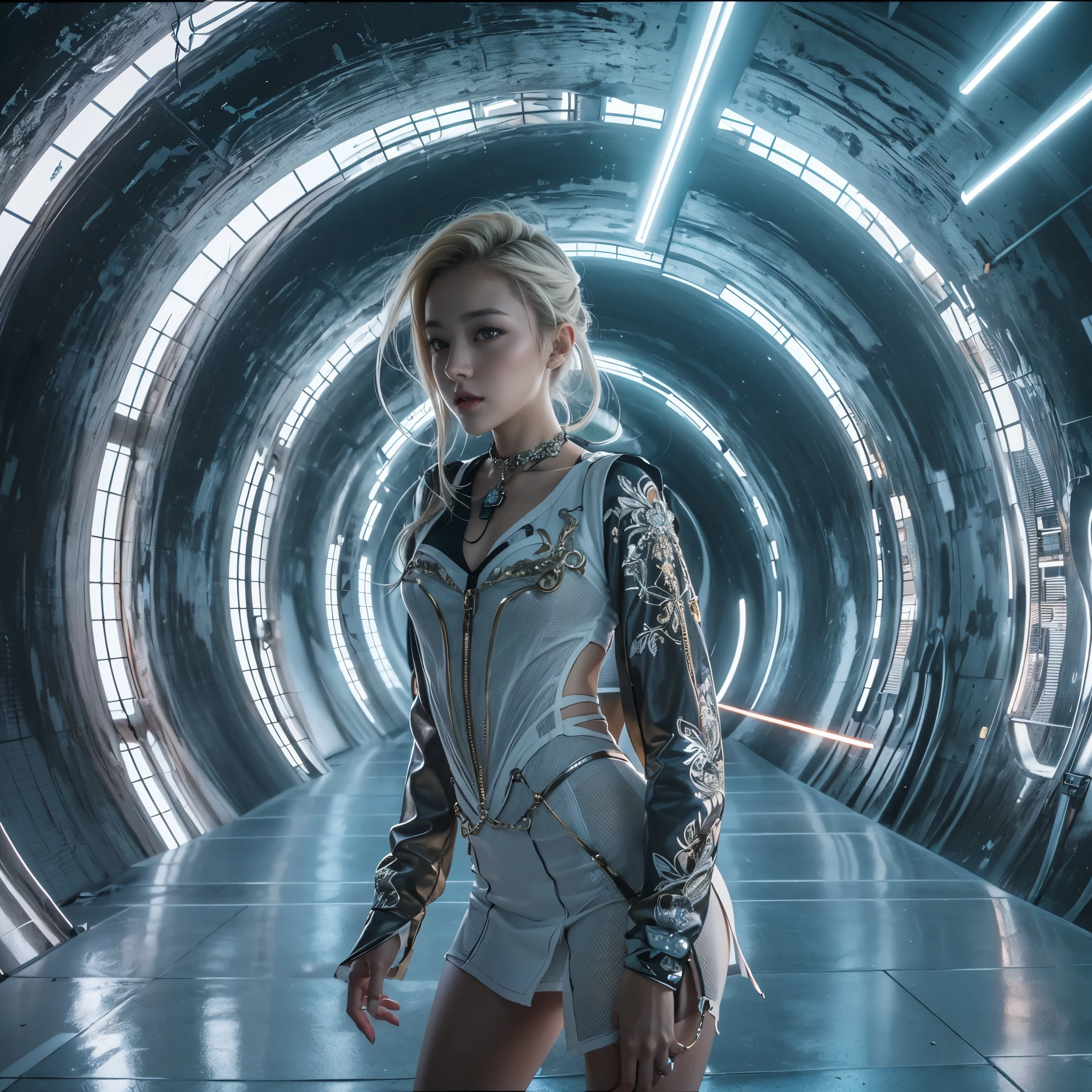 Best quality,masterpiece,16k,In the curved tunnel,Multi-line lighting,Futuristic,Future Technology Tunnel,Complex structure,1girl,Dynamic poses,Looking at the camera,Girl being chased by monster