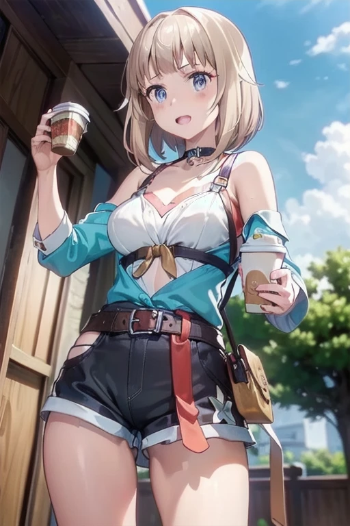 (masterpiece, Best Quality, ultra-detailed, high resolution, extremely detailed CG, official art, Professional Lighting, Perfect Anatomy, anime colors), (from below), looking at viewer, cowboy shot, perfect body, 24yo beautiful 1girl, medium hips, glamorous body,a small face,beautiful-makeup,Makeup light,Shortcut Hair,dark brown hair、Bust b Cup, Amazing Cleavage, thin waist, big ass, Raised sexy, big breast: 1.2 posed cleavage:1.2, (off shoulders,Sportsbra,legginullnude), micro denim shorts, bare legs, nail_polish, pale skin, Waiting friend, (morning:1.5), tokyo, (convenience store:1.3), outdoor, (depth of field:1.3), contrapposto, (Hold a coffee in your hand:1.3),delicate beautiful face, Bright magenta eyes, cute eyes, sparkling eyes, Big eyes, (big breasts:1.3), (perky chest:1.1), (pointed chest:1.3), looking at viewer,
