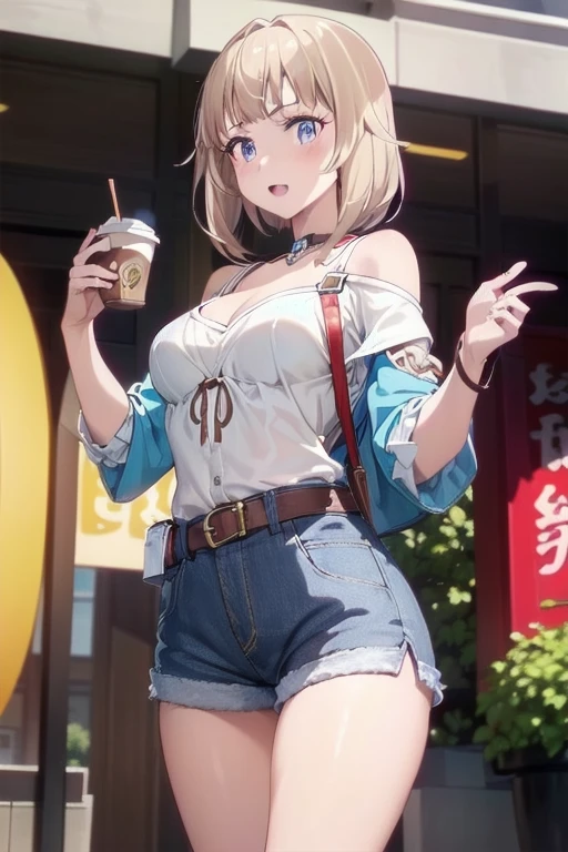 (masterpiece, Best Quality, ultra-detailed, high resolution, extremely detailed CG, official art, Professional Lighting, Perfect Anatomy, anime colors), (from below), looking at viewer, cowboy shot, perfect body, a 24yo beautiful girl, sidelocks, hairband, earrings,medium hips, glamorous body,a small face,beautiful-makeup,Makeup light,dark brown hair, Amazing Cleavage, thin waist, cute ass, Raised sexy, small breast: 1.2 posed cleavage:1.2, (off shoulders,Denimbra,legginullnude), micro denim shorts, bare legs, nail_polish, pale skin, Waiting friend, (morning:1.5), tokyo, (convenience store:1.3), outdoor, (depth of field:1.3), contrapposto, (Hold a coffee in your hand:1.3),delicate beautiful face, Bright blue eyes, cute eyes, sparkling eyes, Big eyes, (perky chest:1.1), (pointed chest:1.3), looking at viewer,
