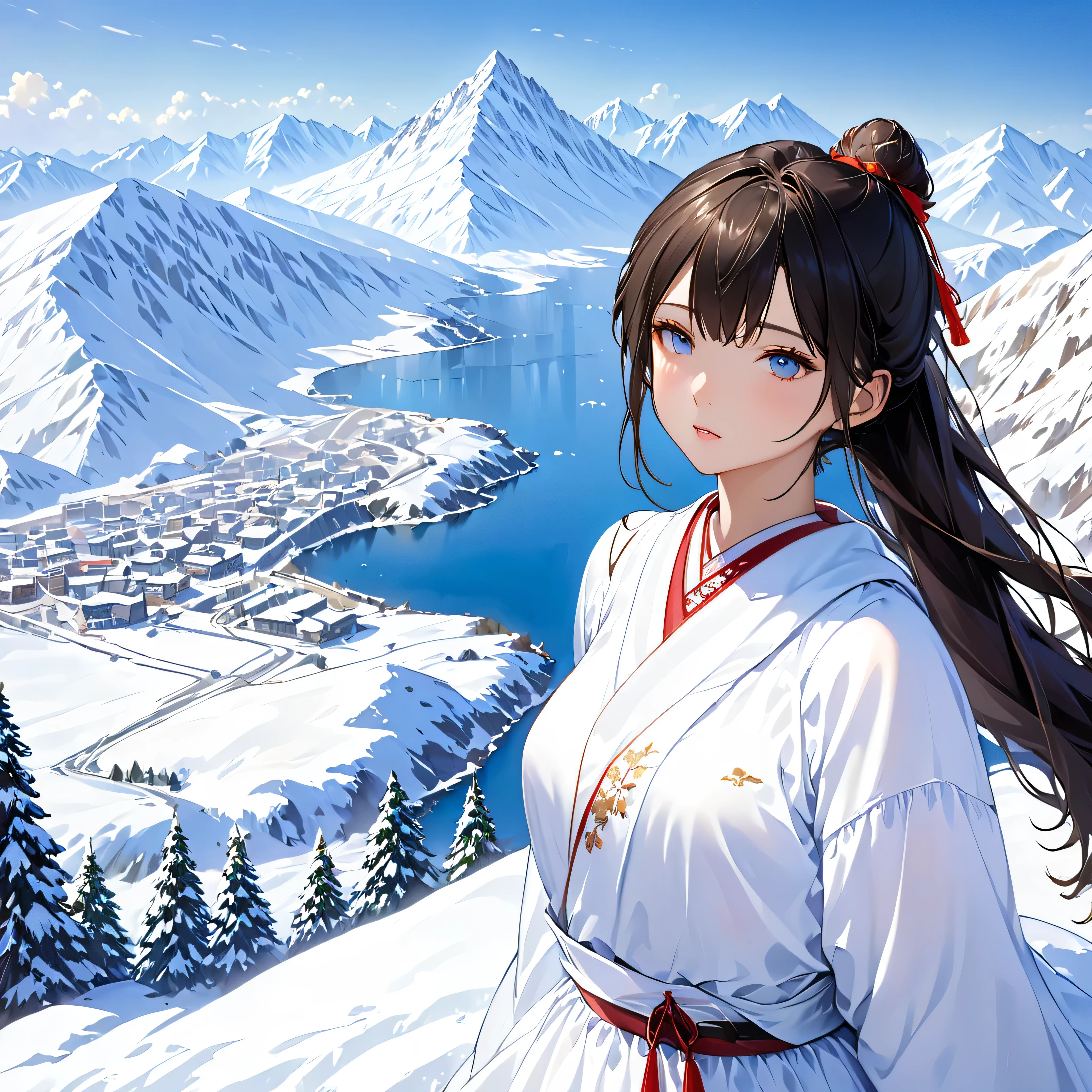 ((masterpiece)),highest quality, figure, dark, 1 girl, In the wilderness,The mountain is high,snowy mountains visible in the distance, city, Beautiful and delicate eyes,  Beautiful fine hair,