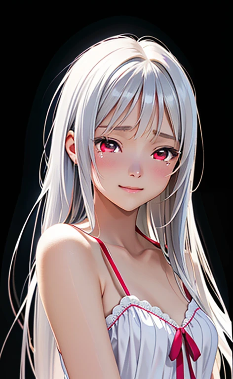 (Photorealistic:1.4)、asuna,(masterpiece、lens flare:1.5、spot light:1.2、Exquisite beautiful eyeonochrome:1.5,portlate、)、Cute Face、 3D Face、(platinum White hair:1.5、Straight Hair)、(1 Girl)、(Red eyes:1.2)、(upper body)、(),(Sundress)、 (Cute face:1.2),(crying smile),(half closed eyes),kind face,(Small breasts),(black background:1.5)、(glowing eyes:1.3)、(Tears running down my cheeks)、 Neat and clean、Adorable、Slim Body(Tareme:1.5),Shiny Hair、(Glowing pink Skin)、Nijisketch,Manga,zydG