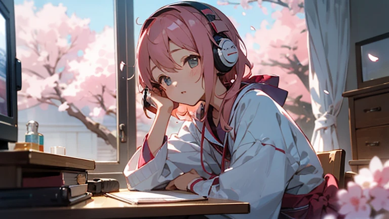 Beautiful girl studying in her room while listening to music with headphones、Warm lighting、Outside the room, cherry blossoms are blooming、Japanese anime style