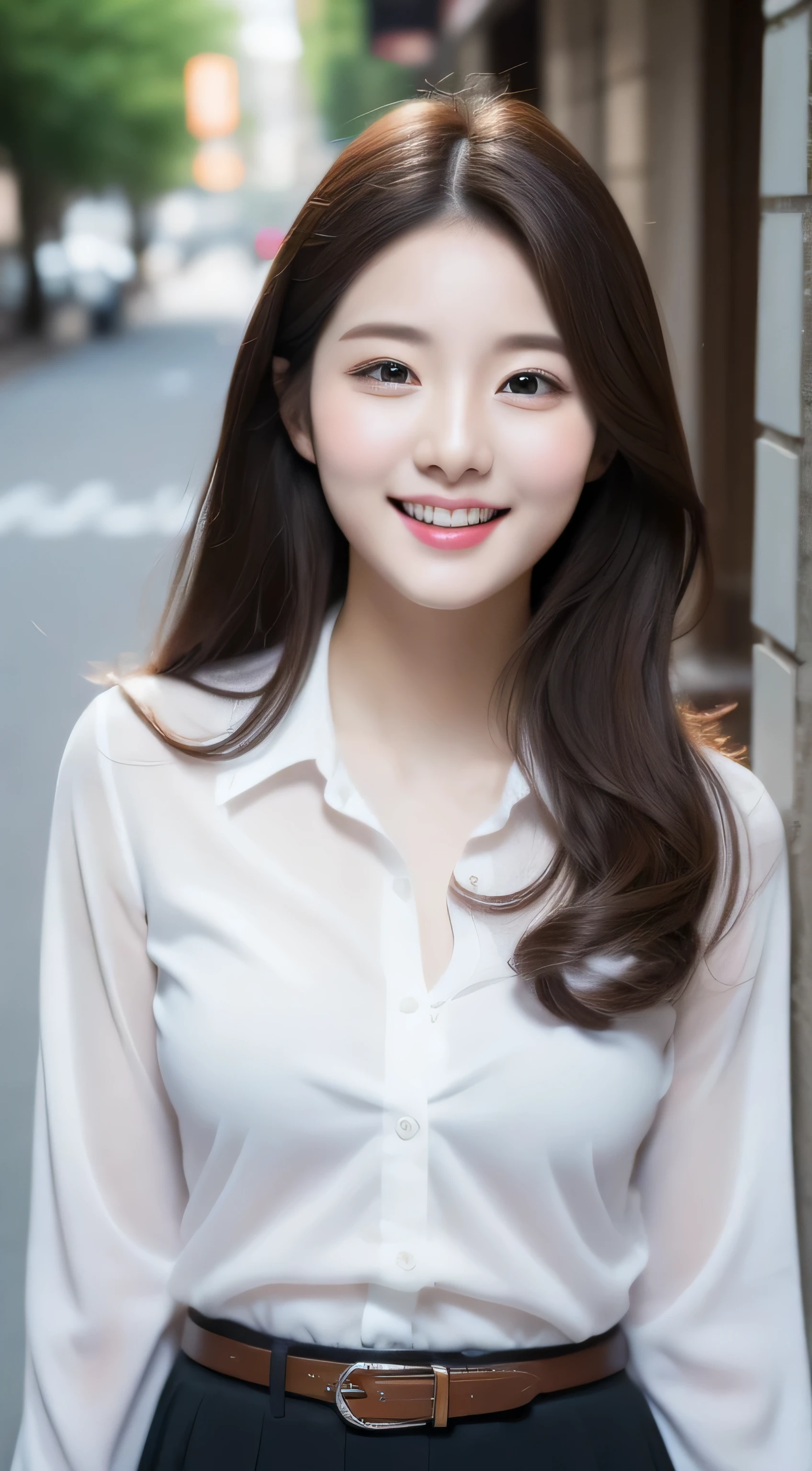 Realistic photos of cute Korean stars, curtained hair, White skin, light makeup, Her chest size is 32 inches, smile, In Fair, office Street(Blur), Upper body portrait, Ultra-high resolution,White button-up shirt, belt, Black Skirt,