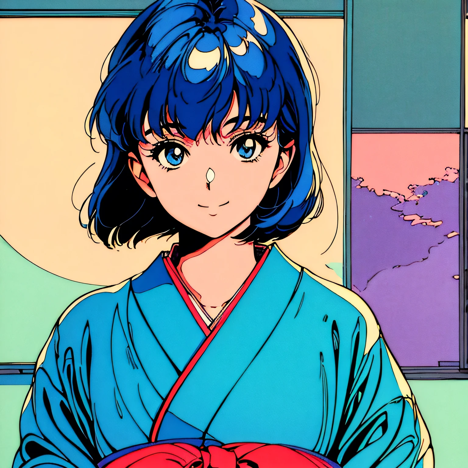 master piece, Kyoto style, Blue Hair, Japanese, fluffy bob cut, wearing kimono, shoulder length, alone, single person, Futuristic, yet, lofi, retro, vintage, light smile