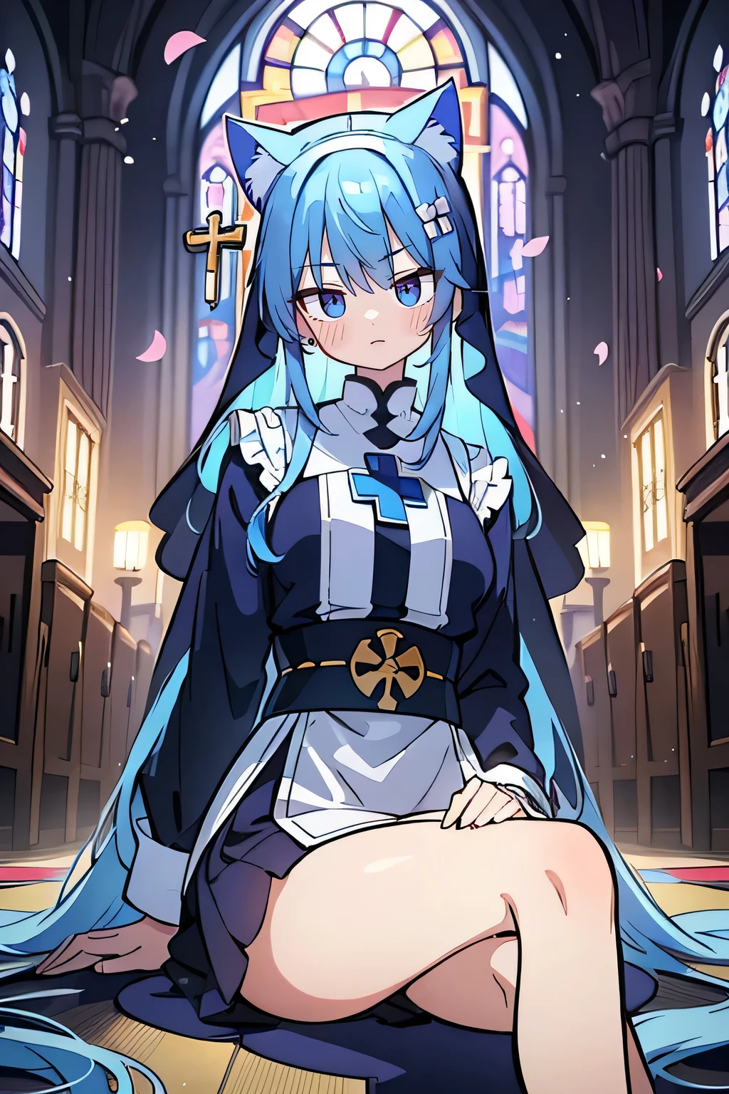 (masterpiece:1.2),Extremely detailed,Practical,expressive eyes,Fair skin,Perfect face shaping,1 Girl,
Japanese cartoons,Gorgeous blue hair, the long flowing blue hair,Floating clothes,Cat ears,Petals fall,beautiful lola,Young Angel,
Place your hands on your waist,sit elegantly on the ground,Cross your legs,Gentle and peaceful background,church,Nun's Clothes,back view,lie on the water.