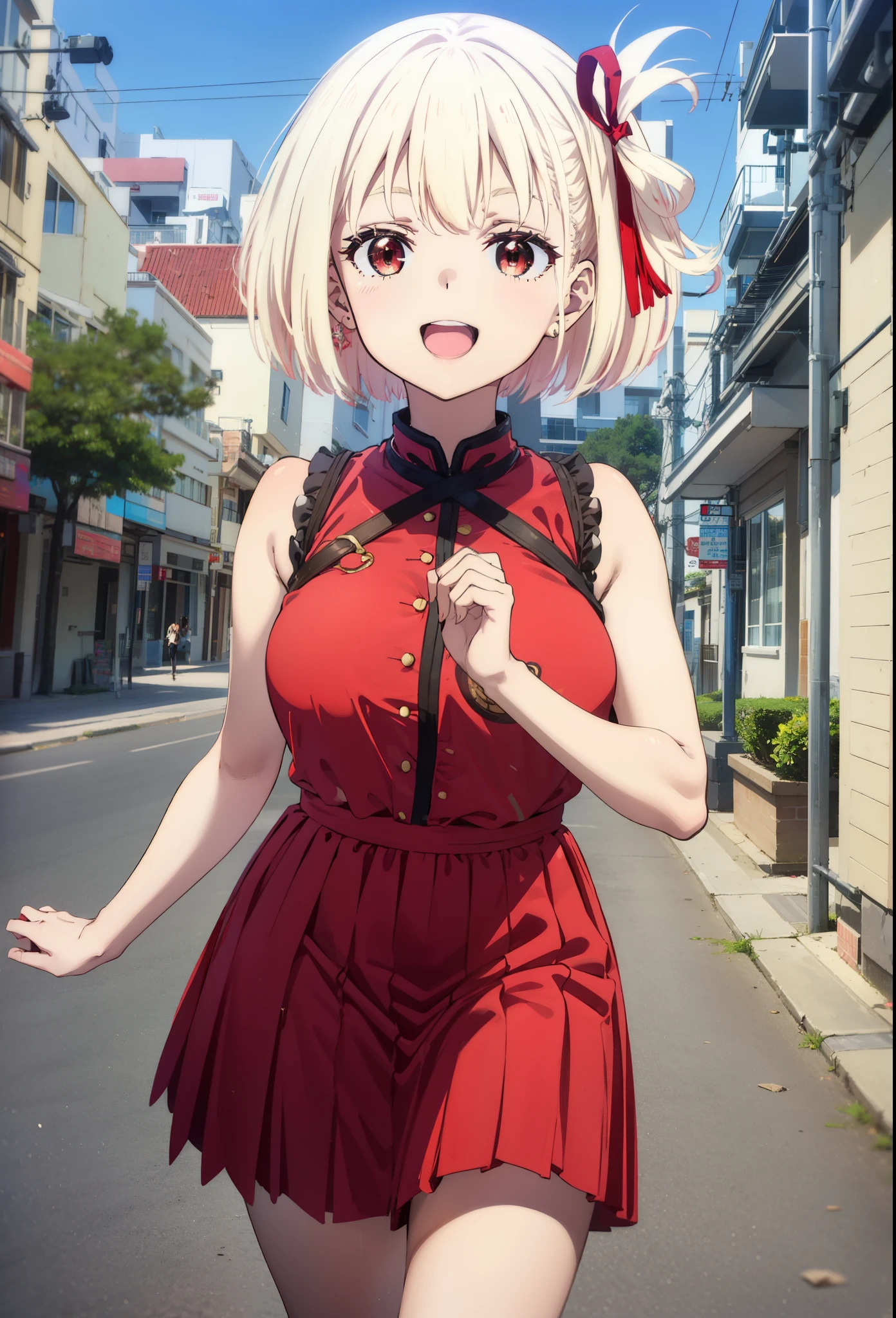 chisatonishikigi, Chisato Nishikigi, short hair, bangs, blonde, (Red eyes:1.5), Hair Ribbon, One side up, Bobcut,happy smile, smile, Open your mouth,
Open your mouth, Red sleeveless dress,Bare arms,Red long skirt,Cute Sandals,whole bodyがイラストに入るように,Walking,Daytime,sunny, walk,Looking up from below,break looking at viewer,whole body(Cowboy Shot:1. 1)break outdoors, In town,Coastal Road, break (masterpiece:1.2), highest quality, High resolution, unity 8k wallpaper, (shape:0.8), (Beautiful details:1.6), Highly detailed face, Perfect lighting, Extremely detailed CG, (Perfect hands, Perfect Anatomy),