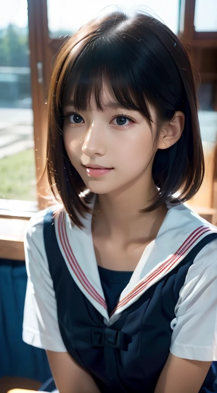 beautiful girl, (highest quality:1.4), (Very detailed), (Very detailed美しい顔), Look forward, 日本のSailor suit, Great face and eyes, iris,Medium Hair, Black Hair, (Sailor suit, school uniform:1.2), Short sleeve,Smooth, Highly detailed CG composite 8k wallpaper, High-resolution RAW color photos, Professional photography, Light, BackLight, dream-like, impressive, Written boundary depth、Japanese Classroom、