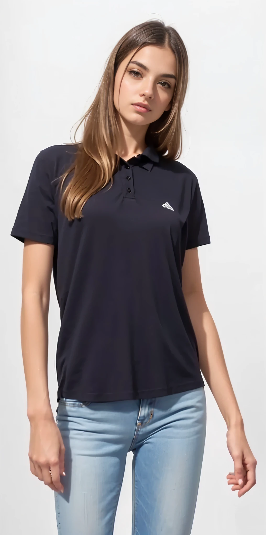 a woman in a blackw shirt polo and jeans posing for a picture, wearing polo shirt, blackw, wearing a dark blue polo shirt, collar shirt, manga curta, antracite, meia imagem, perfect  detail, detailed photo, detailed photo com zoom, Full-body close-up, shot close to the body, gray dark, in a dark teal polo shirt, medium close-up