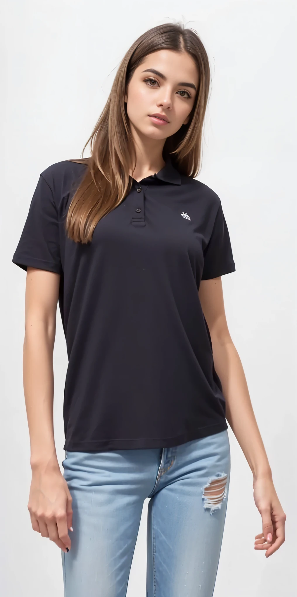 uma mulher vestindo uma camisa preta e jeans fica na frente de um fundo branco, camisa azul escura, Camisa da Marinha, camiseta azul apertada, Camiseta, camiseta, wearing a dark blue polo shirt, camiseta preta, vestindo uma camisa escura e jeans, foto do produto, wearing a black Camiseta, official foto do produto, black camiseta