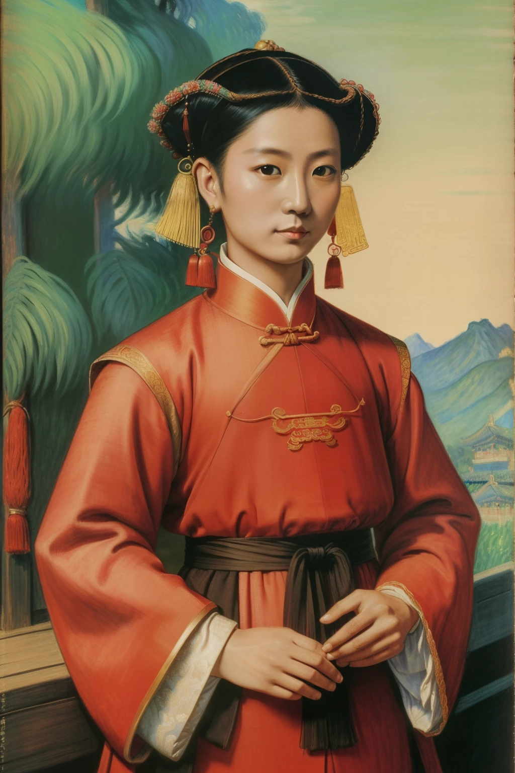 China, 1491. A young ((((30-year-old)) Tan Yunxian)), serious expression, ((((chinese clothings from the 1490s)))), ((hairstyle of the 1490s)), ((colorful, Monet))