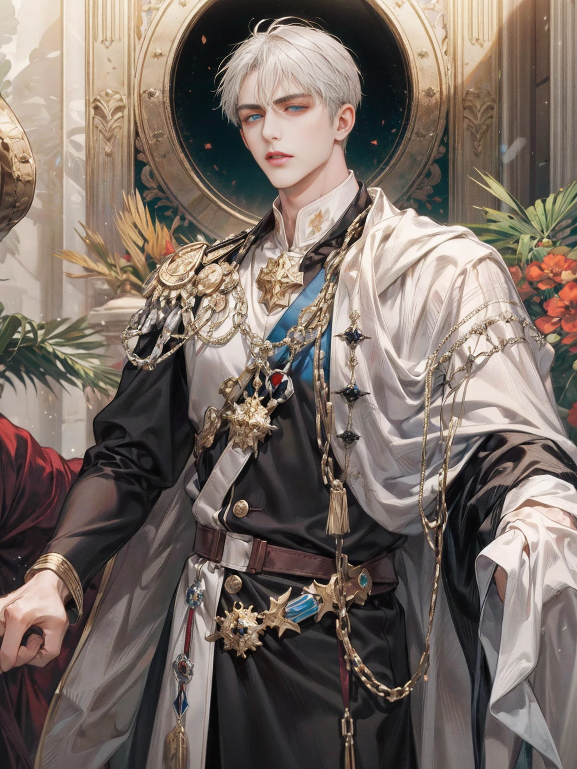 Reincarnation of Constantine the Great, Roman Emperor, The Ruler's Threats, Emperor's aura, Dangerous attraction, magnetism, disguise, Boss Grace, Protect the lovely woman you love, The Kind General, pure love, Romance, strong, expensive, Fierce confrontation, warn, He has a gun, empowered, intellectual, mafia, 30th Generation (Men's Center: 1.61) Glasses, habit, Gradient silver hair shades, blue eyes, Sharp eyes, good looking, White suit, Blue Shirt, Black tie (Muscular: 0.33), (fashion: 1.1), (Big Face: 1.51), High resolution, 4K, 8k, Facial details, Detail Skin, (Loose-fitting clothing: 1.5), Soft Light, Night view, Building Background, Urban, dramatic, romantic, Lyrical, Heartful, Saudade,