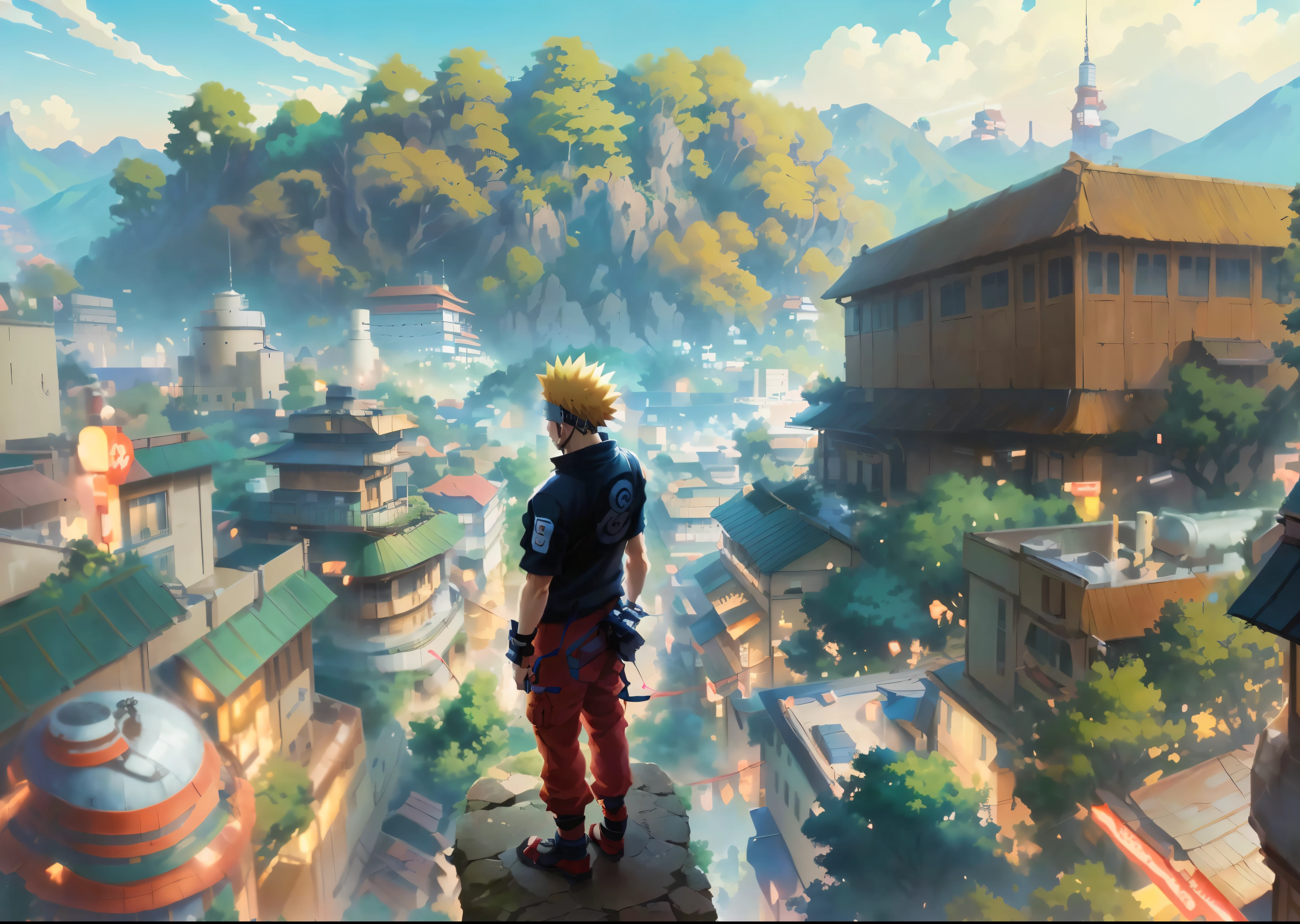 anime - style scene of a man standing on a platform overlooking a city, naruto uzumaki, naruto artstyle, naruto in gta v, naruto, from naruto, uzumaki, hirohiko araki artwork, hirohiko araki art, anime epic artwork, traditional japanese concept art, trending anime artwork, town in the background, in a anime masterpiece
