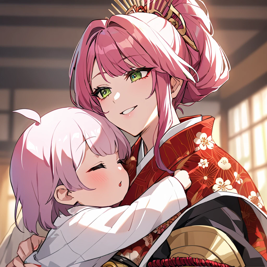 ((highest quality)), ((masterpiece)), (detailed), （Perfect Face）、（The woman is Rena, with short pink hair and a happy smile, and is hugging and kissing the strong and dignified Oda Nobunaga in a luxurious samurai mansion.、The woman is the wife of Oda Nobunaga, and is wearing a gorgeous embroidered uchikake kimono with brightly colored and patterned Japanese patterns, her hair is tied in a bunkin takashimada style, and she is adorned with gorgeous accessories from the Edo period, including a gorgeous hairpin, and she is holding her baby daughter.）、The man is a middle-aged man with a strong and dignified appearance, wearing a luxurious kimono, a beard and a topknot, named Oda Nobunaga, who is embracing the woman and kissing her fondly.