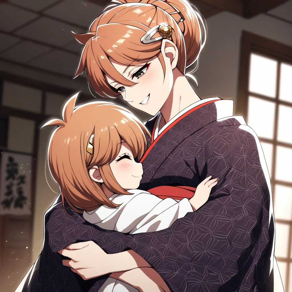 ((highest quality)), ((masterpiece)), (detailed), (Perfect Face)、(The woman is Princess Leona, with long light brown hair and a happy smile, as she embraces the majestic Oda Nobunaga in a luxurious samurai mansion.、The woman is the wife of Oda Nobunaga, and is wearing a gorgeous embroidered uchikake kimono with brightly colored and patterned Japanese patterns, her hair is tied in a bunkin takashimada style, and she is adorned with gorgeous accessories from the Edo period, including a gorgeous hairpin, and she is holding her daughter.)、The man is Oda Nobunaga, a dignified middle-aged man with a beard and a topknot wearing a gorgeous kimono, embracing the woman and showing her affection.