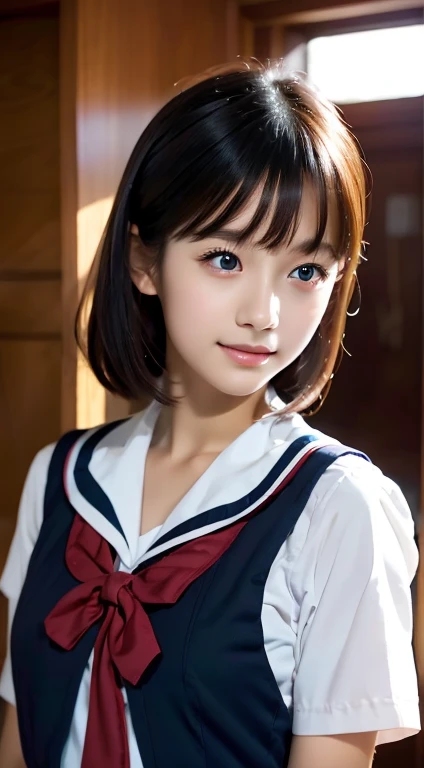 beautiful girl, (highest quality:1.4), (Very detailed), (Very detailed美しい顔), Look forward, 日本のSailor suit, Great face and eyes, iris,Medium Hair, Black Hair, (Sailor suit, school uniform:1.2), Short sleeve,Smooth, Highly detailed CG composite 8k wallpaper, High-resolution RAW color photos, Professional photography, Light, BackLight, dream-like, impressive, Written boundary depth、Japanese Classroom、