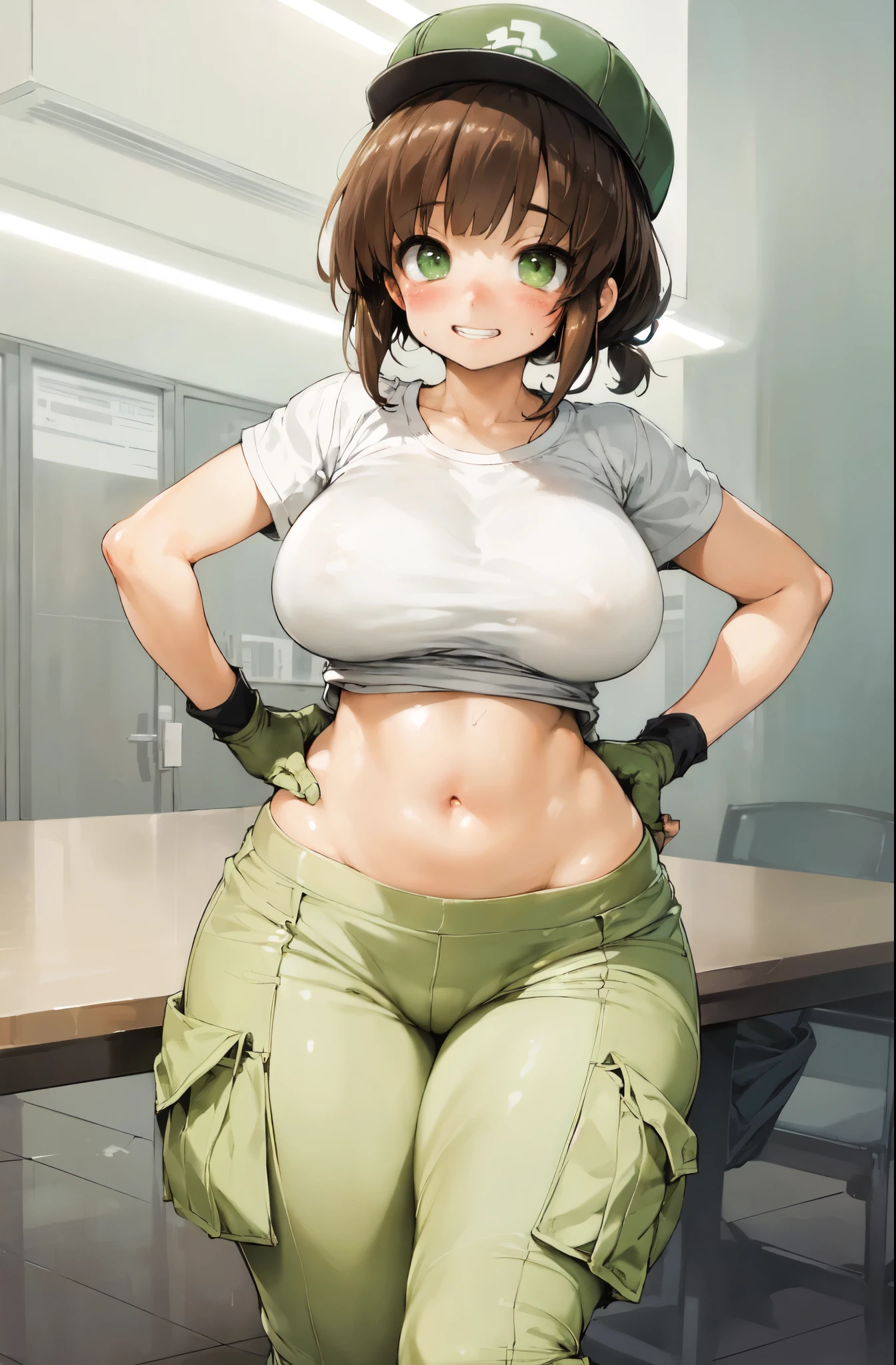 ((Table t○p, highest quality, Hi-Res Lucifer,Anime Screen Capture、Pixel Perfect, 8k、Browsing Caution、Sex)))、Perfect Anatomy、Miyu Kato、(((Maintenance Staff、Chubby、Big Breasts、Wide Hips、Wide Hips、Thick thighs、Being restrained、Hands on Hips)))、(((short hair、Long sideburns、Single Braid Ponytail、Brown Hair)))、(((White T-shirt、Green Cargo Pants)))、Black baseball cap、Brown gloves、Sweat,(Green Eyes)、 ((Grin、blush))、(Dark Concrete Floor)