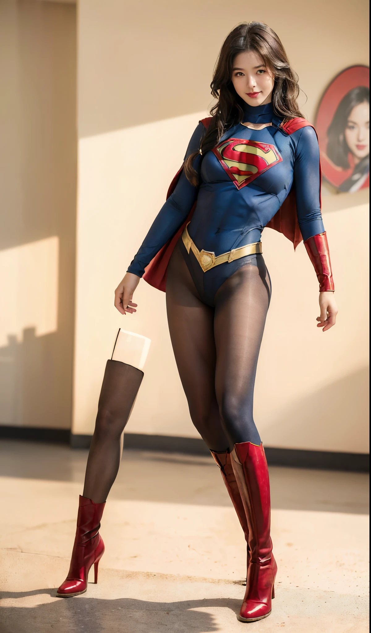 No background、(((Beautiful legs in black tights.)))、(((Legally express the beauty of your smile)))、((((Make the most of your original images)))、(((体にぴったりフィットするSupergirl Costume)))、(((Supergirl Costume)))、(((Beautiful hairstyle)))、(((She is winking cutely.)))、(((Please wear black tights....、Wear red boots)))、((Best image quality、8k))、((highest quality、8k、masterpiece:1.3))、(((Preserve background )))、Sharp focus:1.2、Beautiful woman with perfect figure:1.4、Slim Abs:1.2、Wet body:1.5、Highly detailed face and skin texture、8k