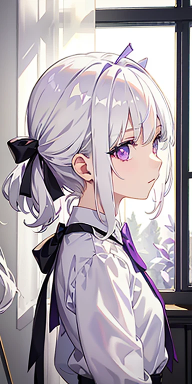 1girll, White hair, Purple eye, sportrait, Bow knot, The light from the back window is backlighted, (the sideview), side-lighting, the wallpaper, white  shirt,Pure side face