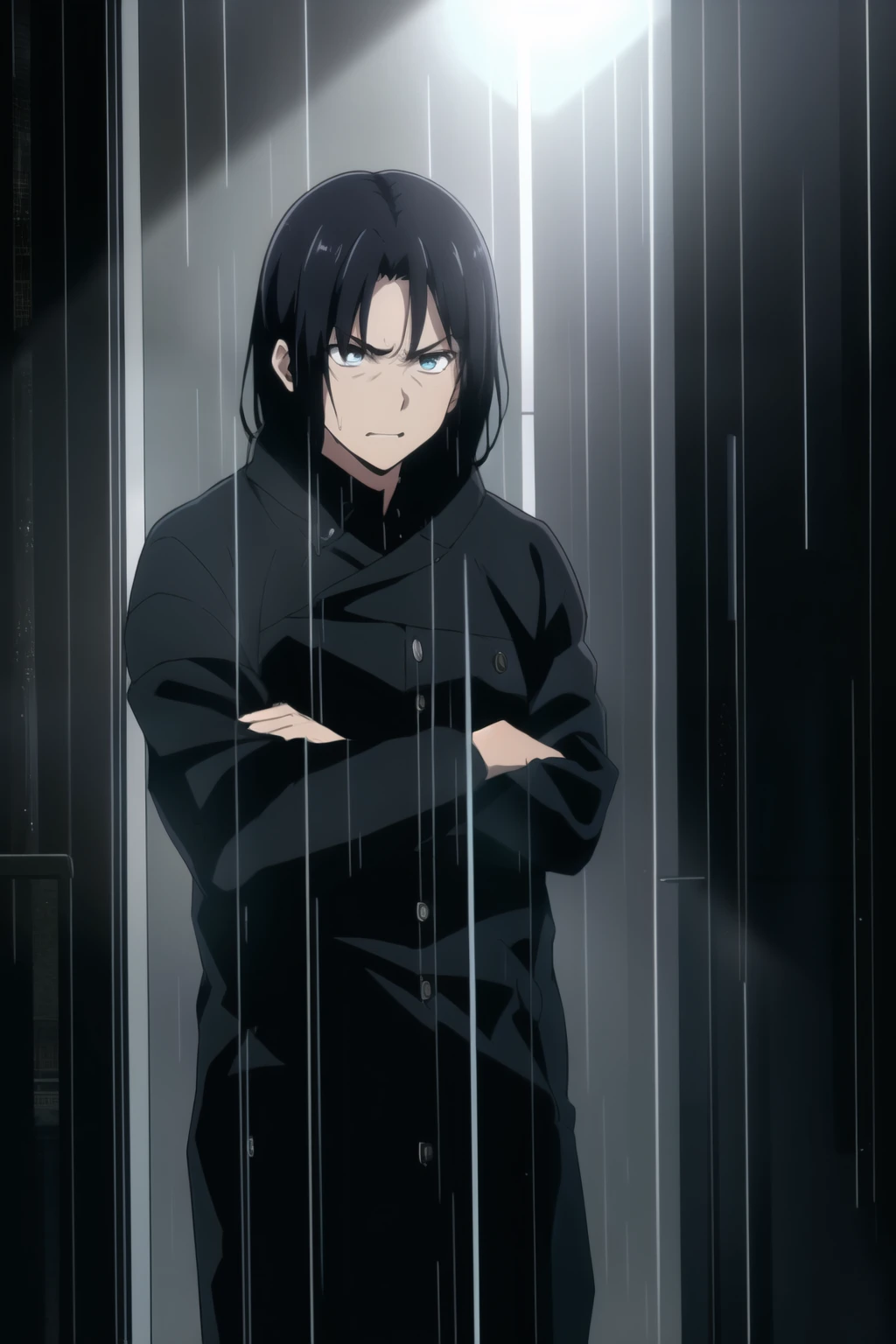 (Masterpiece: 1.0, High resolution: 1.0, Ultra high res, 4K, Ultra-detailed, Anime colors: 1.2, Dramatic, Angry, Frustrated, Moody, Dark shading, Cinematic lighting)

A brooding figure with a sharp gaze, shoulders slouched, hands clenched in frustration, stands in the foreground. The background depicts a bustling cityscape, neon lights reflecting off rain-soaked streets, the chaos highlighting the solitary figure's distress.

In the foreground, the focus is on the culprit, their face partially hidden by the br