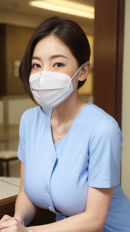 ((最high quality、8k、masterpiece:1.3))、Realistic, Sharp focus, high quality, High resolution, alone, Japanese, A kind smile,Middle-aged women,56 years old, ((Big Breasts:1.4)), (((Big Ass 1.3)))、light brown、Semi-long hair, Wrinkles around the eyes、Embarrassing appearance、A shy smile、((Up to the thighs))、A seductive gaze、A kind smile、Health insurance center staff、Health check-up staff、((Light blue nurse clothes))、Sunny afternoon、((In the hospital lobby))、Holding a document binder、((waiting))、A gaze that seduces viewers、(((He is wearing a white mask to protect against coronavirus.)))