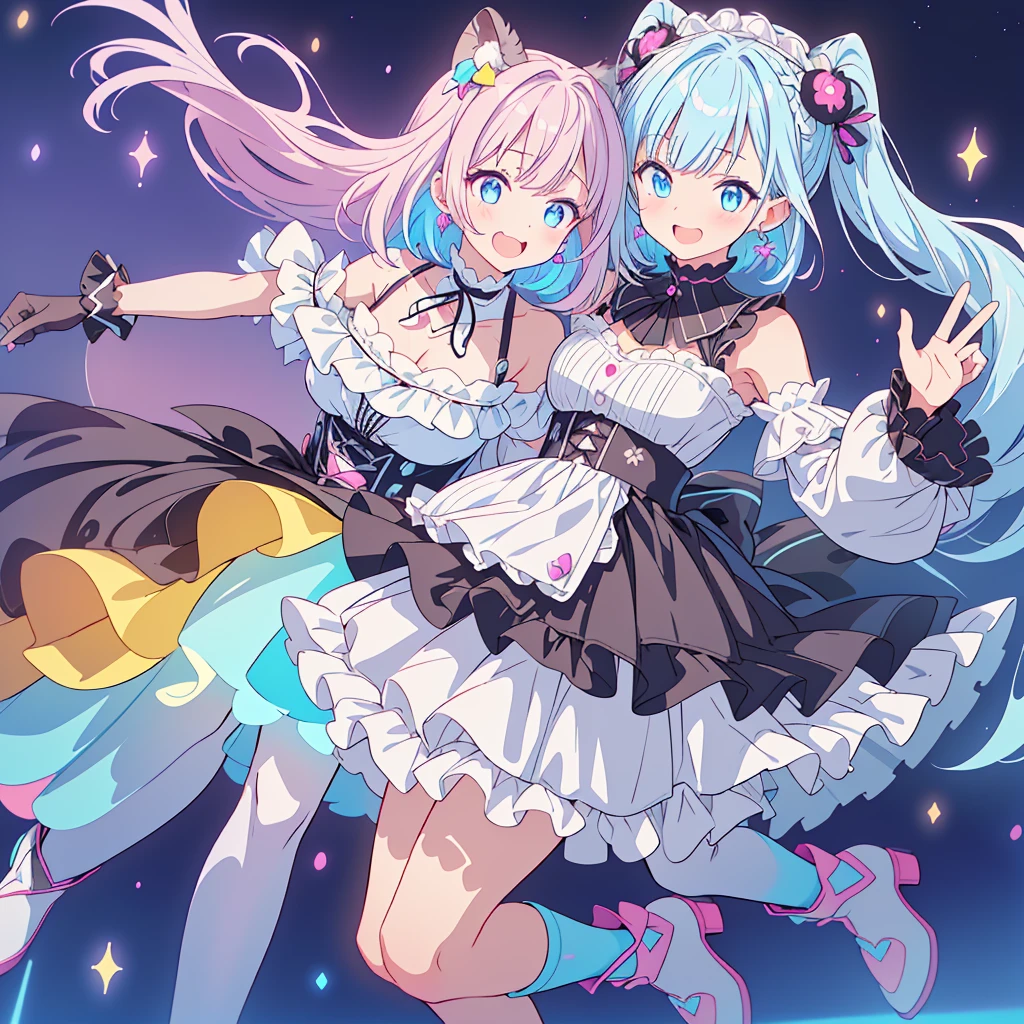 Best image quality、(((Esbian all over))),Character portrait、Excellent style、Laugh as hard as you can、Beautiful feet、Leather shoes、Dynamic Pose、, young、Gothic Lolita, (((Milky white and light blue gradation hair))), Blue eyes, (mascara), Short bangs, ((Hair above the eyes)), Pink mixed hair、Mesh color pink、Medium chest, Frills,白いFrills, Black Theme, break ((colorful, Bright colors):1.3), (like a hologram々Bright colors彩を放つドレスです:1.5), ((rainbow crinoline, Multilayer skirt that stands out in black):1.4), (Gothic Lolita:1.2), (Lace-up:1.2), ((No sleeve, Exposing shoulders):1.2), (Rainbow fairy wings:1.3), break (Platform high boots:1.1), (Long gloves:1.2), ((Earrings, Reman):1.2), Faithfully, (((Eye focus))), (((Laughter))), The background is blurred, Hollow Eyes, Purple Theme、Displaying the viewer, (((night))), (((hair ornaments)))、kawaii tech、