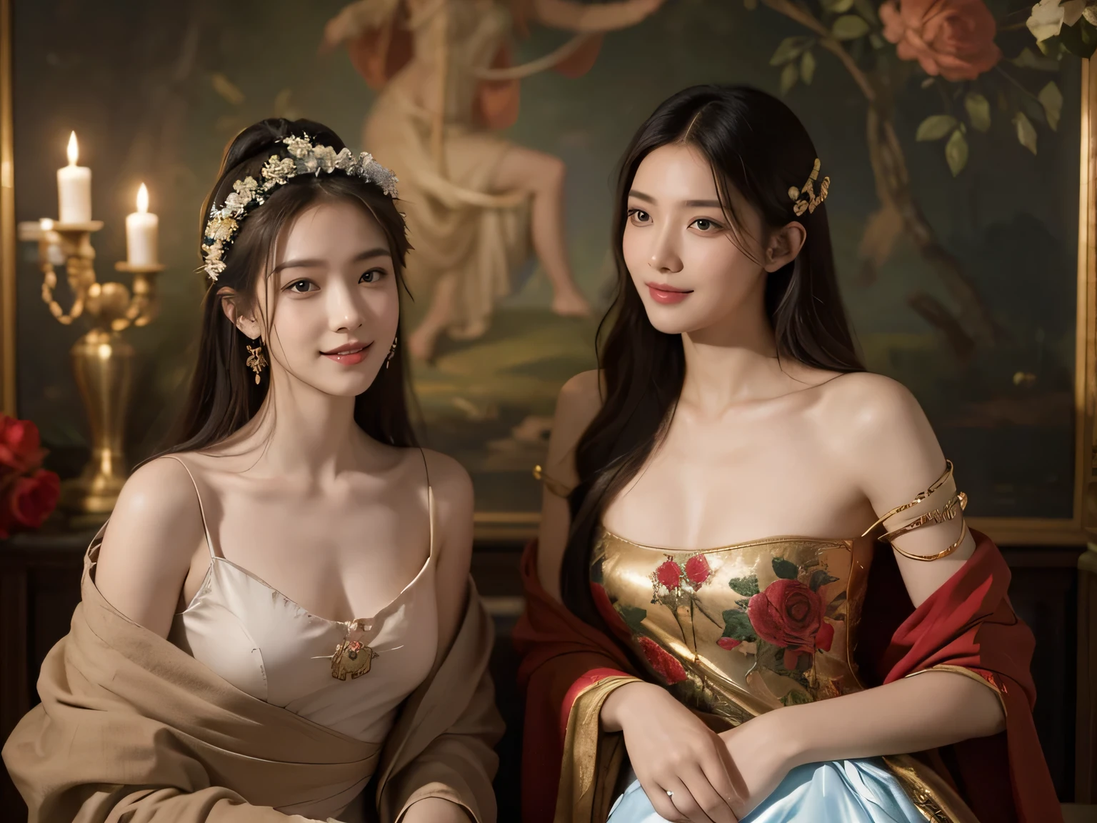 Giorgione painting style,Arguments of two female Philosophe,math、astronomical machine、astronaut、roses in vase、fruits、Cute trinkets、smile、ancient greek costume、Background is a forest lake at night 、Clothes that stretch your shoulders、A big smile、beautiful bare skin、A detailed representation of the seducing woman throughout her body.