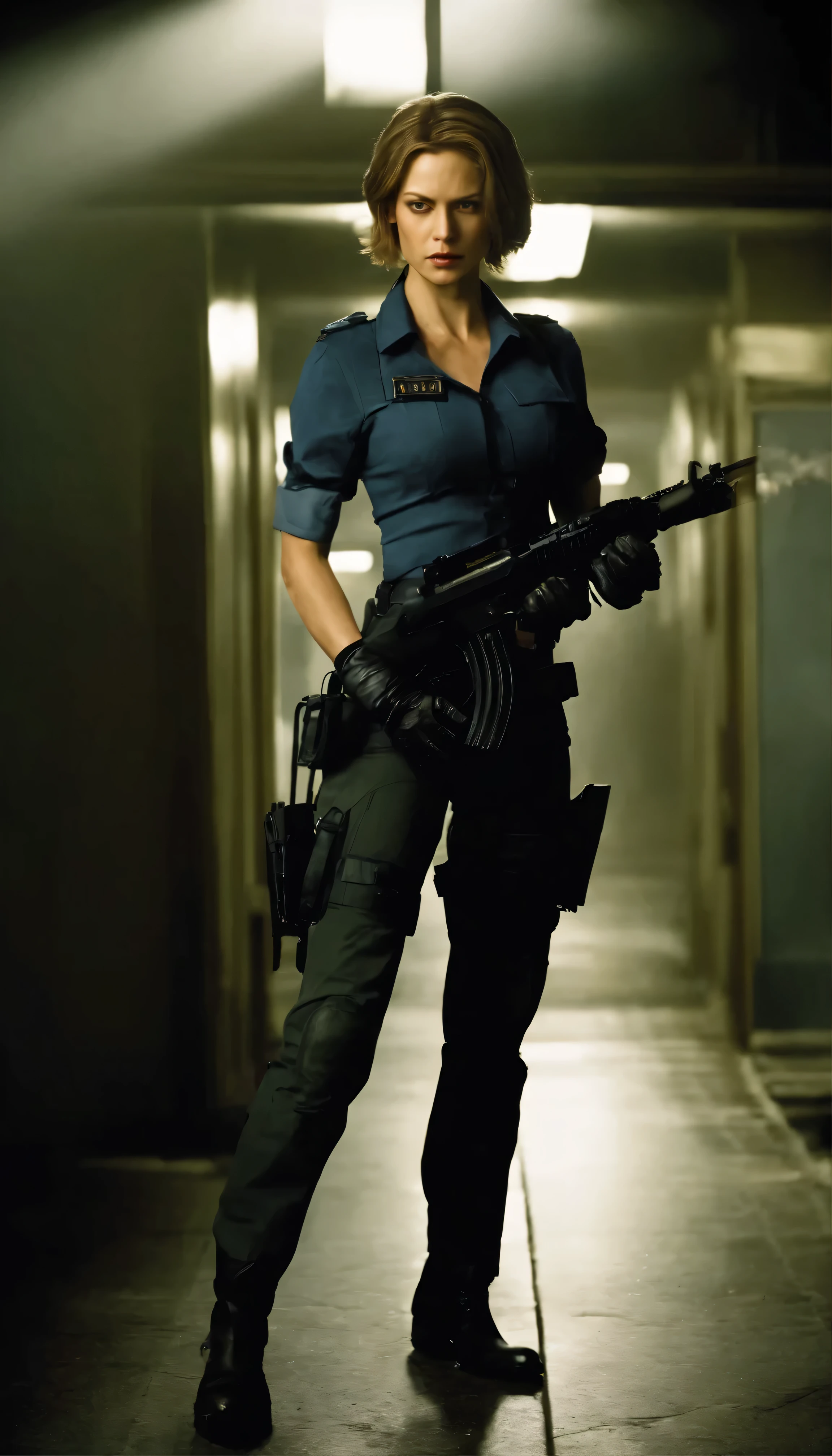 movie『resident evil:Apocalypse』A thrilling high definition scene unfolds.、The unwavering determination of the main character, Jill Valentine, is conveyed.。In this meticulously depicted moment、Jill dressed in the official Resident Evil uniform、Skillfully aim your gun at the threatening zombie。Her long, flowing hair sways gently in the dynamic lighting.、Cast deep shadows、It highlights his chiseled features and fierce expression.。Jill's face、The perfect blend of intensity and focus、Beautiful and detailed with deep eyes、I am fixated on the threat before me.