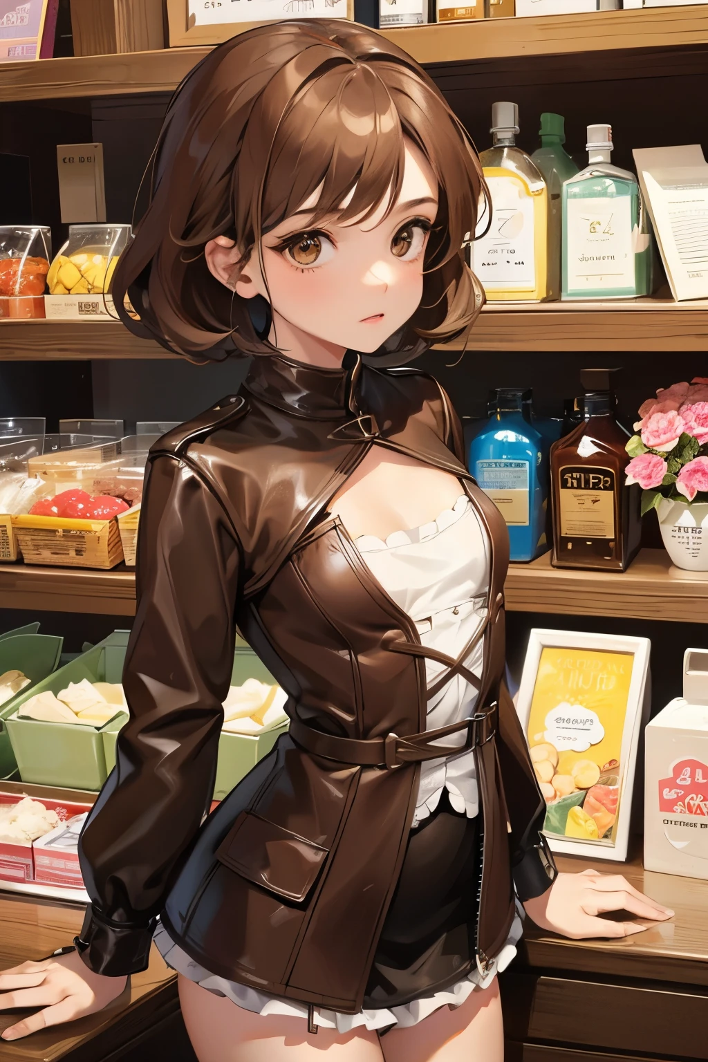Short brown hair, brown eyes, small breasts, lolita, petite body, props shop owner