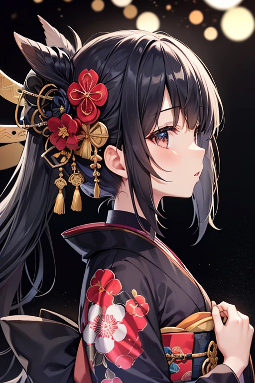 On Inft, One girl, alone, Black Hair, Mumps, mask,kimono, kimono, profile, mask on head, Floral print, From the side, Tassel, hair ornaments
