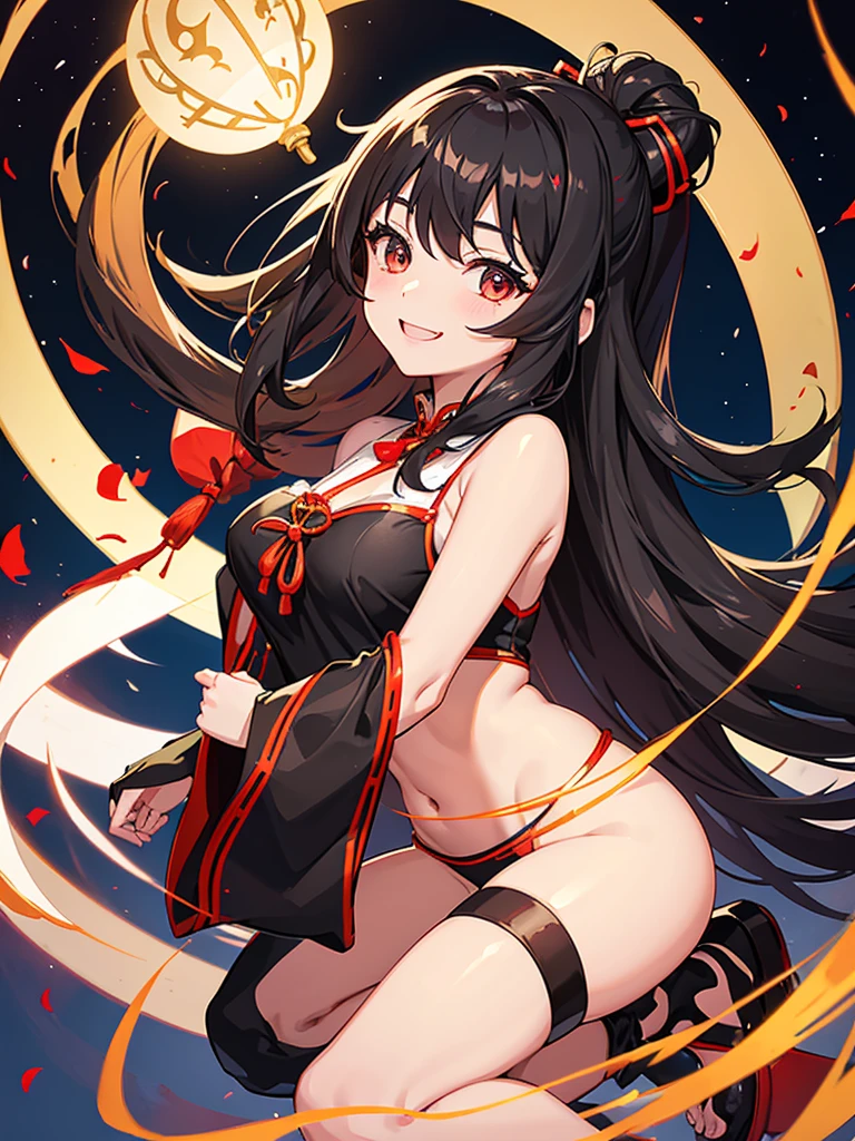 Witch girl、Shining black eyes、Cheerful smile、Bust C、She has short, fluffy brown hair with a Japanese-style red ribbon tied on the right side.、The shrine maiden outfit has no sleeves, reveals her side boob, and has slits on both sides.、White tabi、