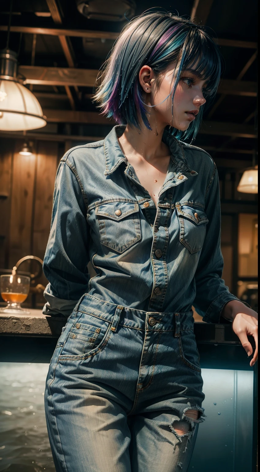 an 18-year-old girl wearing a wet short denim jumpsuit, seios grandes, Rainbow colored hair on sea bottom, bolhas e peixes em volta, Profile image of the camera angle from bottom to top, Ultra realistic 8k cinematic climate with details