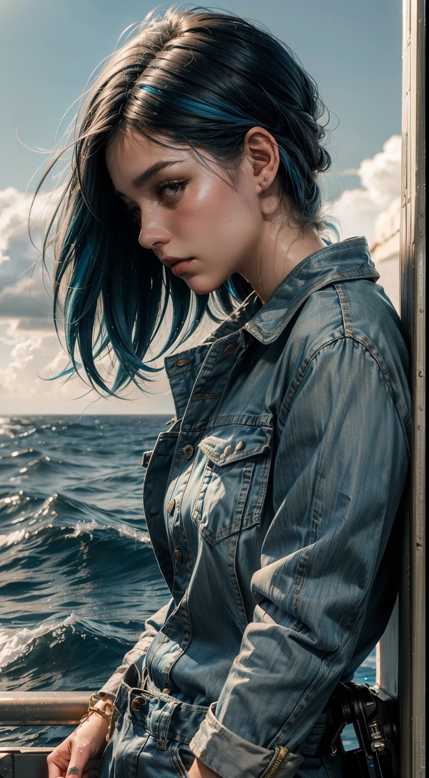 an 18-year-old girl wearing a wet short denim jumpsuit, seios grandes, Rainbow colored hair on sea bottom, bolhas e peixes em volta, Profile image of the camera angle from bottom to top, Ultra realistic 8k cinematic climate with details