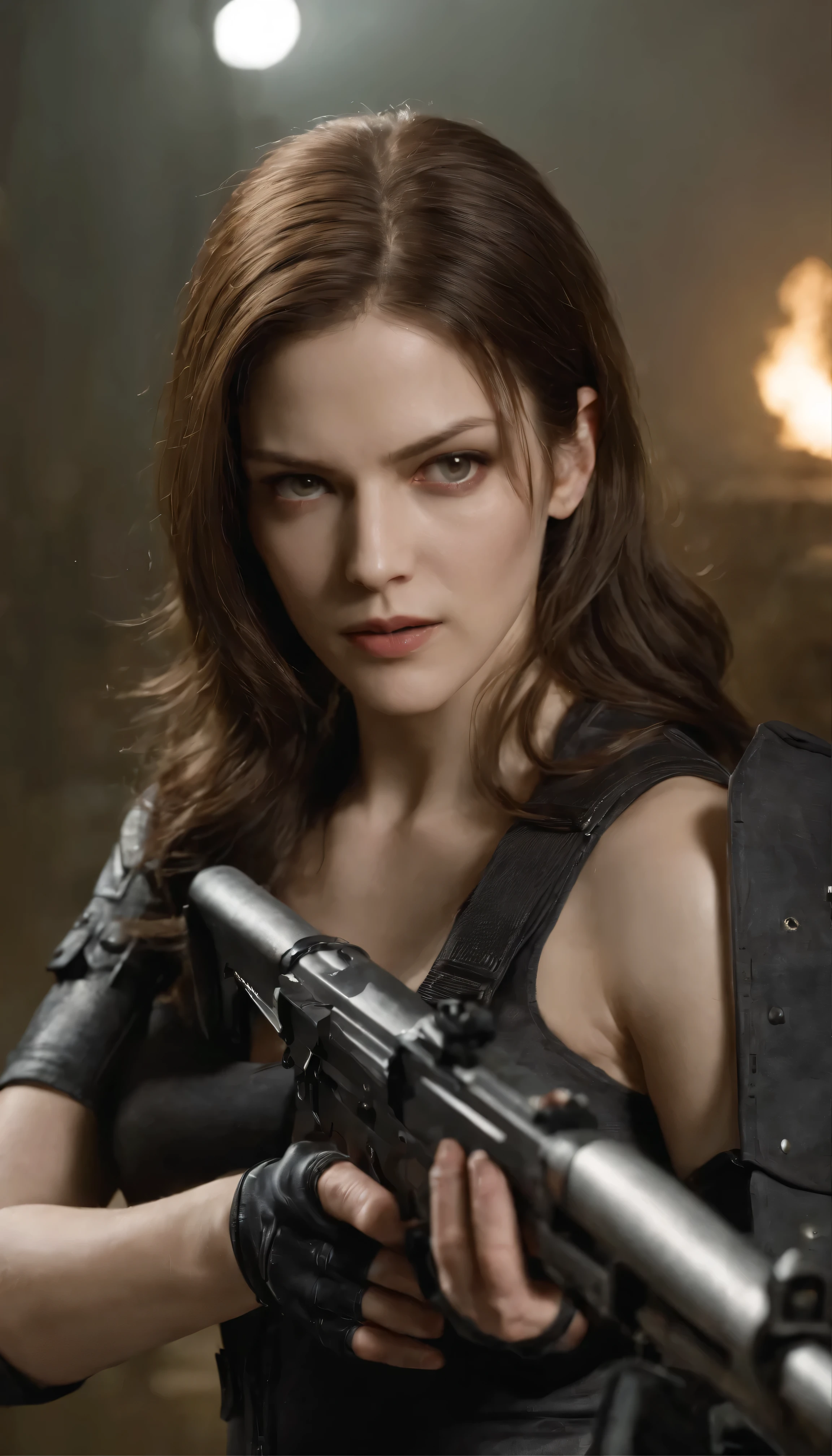movie『resident evil:Apocalypse』A thrilling high definition scene unfolds.、The unwavering determination of the main character, Jill Valentine, is conveyed.。In this meticulously depicted moment、Jill dressed in the official Resident Evil uniform、Skillfully aim your gun at the threatening zombie。Her long, flowing hair sways gently in the dynamic lighting.、Cast deep shadows、It highlights his chiseled features and fierce expression.。Jill's face、The perfect blend of intensity and focus、Beautiful and detailed with deep eyes、I am fixated on the threat before me.