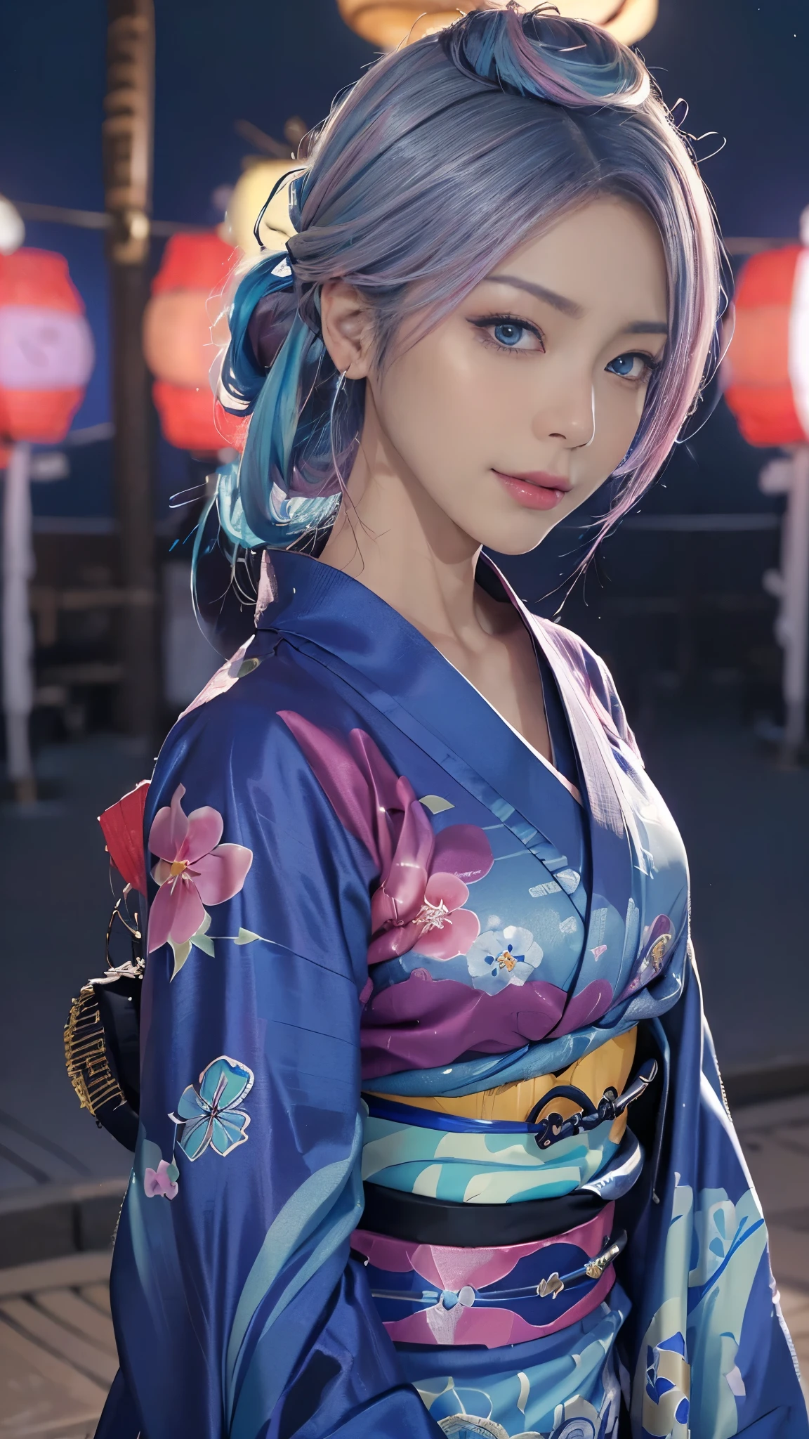 (masutepiece), (((Highest Quality)), (super detailed), 1 girl, (Iridescent hair, Colorful hair, Half blue and half pink hair: 1.2, Beautiful detailed and elaborate backgrounds)17 years old, (Yukata: 1.2), Midsummer Night、plein air, Bangs, Smile, sky-blue eyes, Perfect hands, Perfect hands, Hand Details, Corrected Fingers. earrings, Night Store + Background, up looking_in_viewer, Cowboy Shot, of the highest quality, rich detail, Perfect image quality, blue dark color、(night:1.5, Japanese Summer Festivals, Pompadour hairstyle:1.3)