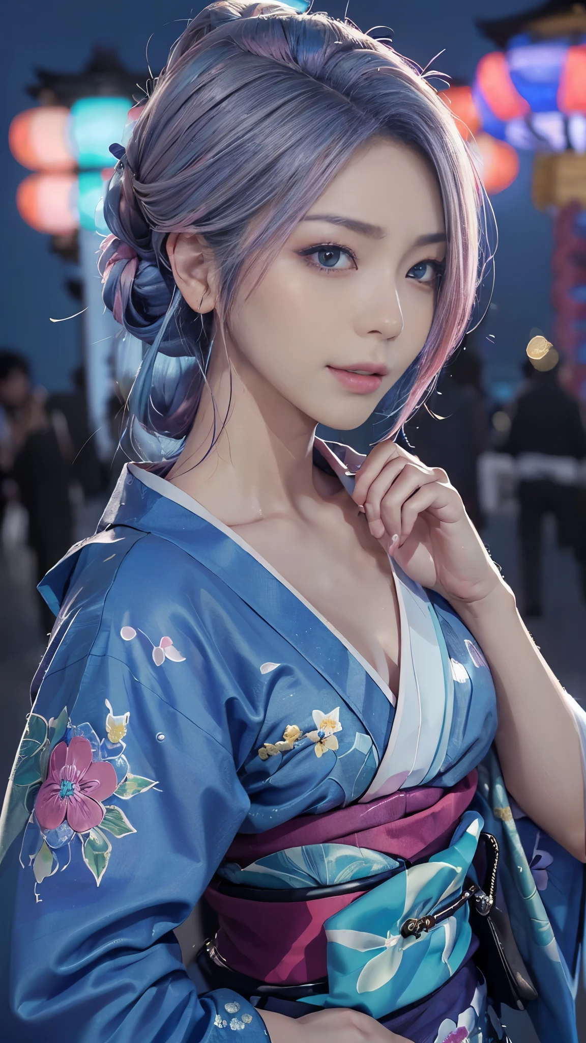 (masutepiece), (((Highest Quality)), (super detailed), 1 girl, (Iridescent hair, Colorful hair, Half blue and half pink hair: 1.2, Beautiful detailed and elaborate backgrounds)17 years old, (Yukata: 1.2), Midsummer Night、plein air, Bangs, Smile, sky-blue eyes, Perfect hands, Perfect hands, Hand Details, Corrected Fingers. earrings, Night Store + Background, up looking_in_viewer, Cowboy Shot, of the highest quality, rich detail, Perfect image quality, blue dark color、(night:1.5, Japanese Summer Festivals, Pompadour hairstyle:1.3)