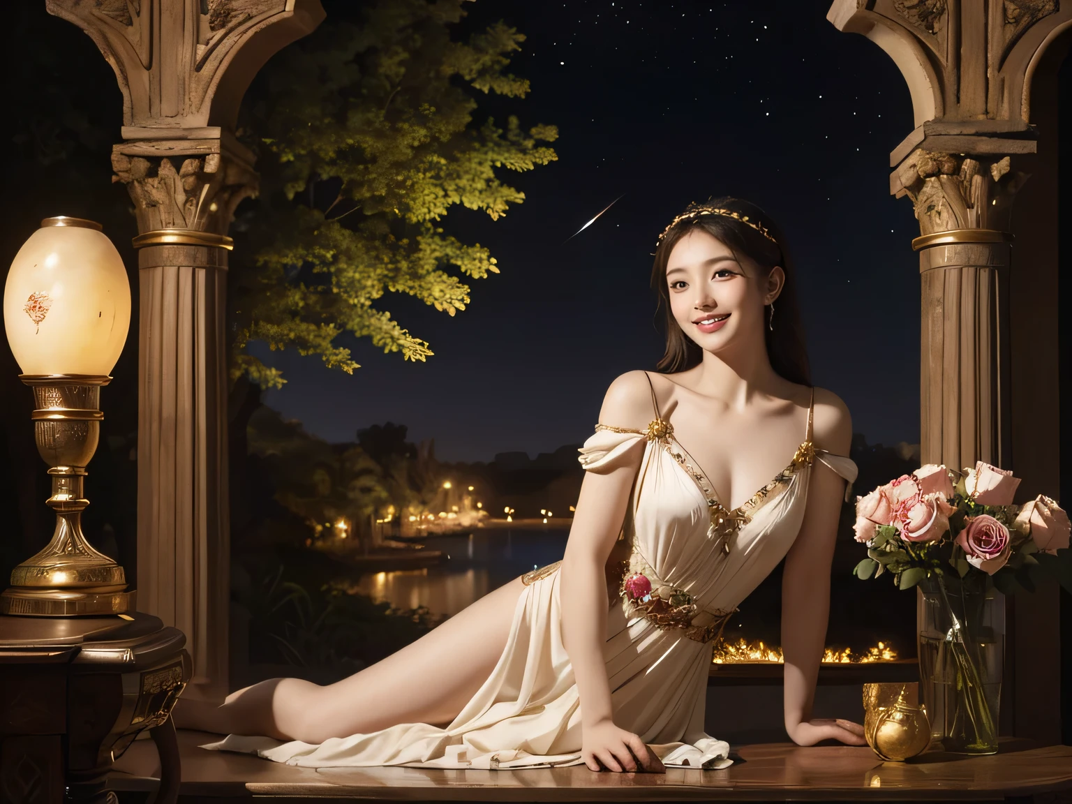 Giorgione painting style,Arguments of two female Philosophe,math、astronomical machine、astronaut、roses in vase、fruits、Cute trinkets、smile、ancient greek costume、Background is a forest lake at night 、Clothes that stretch your shoulders、A big smile、beautiful bare skin、A detailed representation of the seducing woman throughout her body.