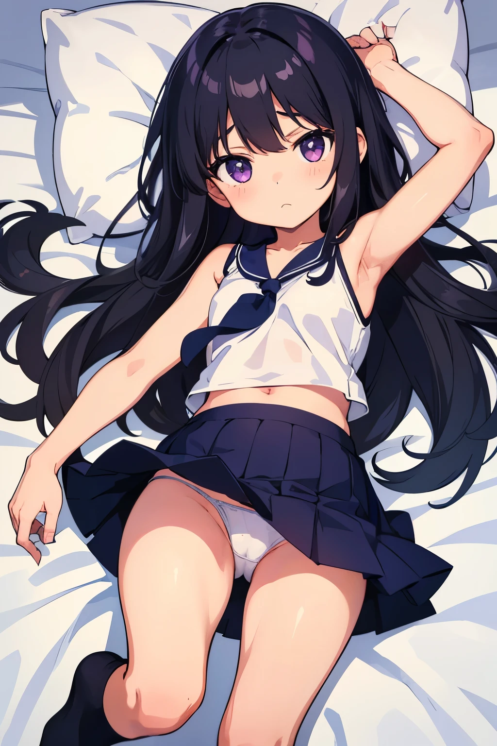 Elementary school girl, , flat chest, black hair, long hair, purple eyes (one person) White tank top Navy blue mini skirt and white panties((I can see her panties)) White socks Girl's Room Lying in bed((I can see her panties)) Dynamic Angle