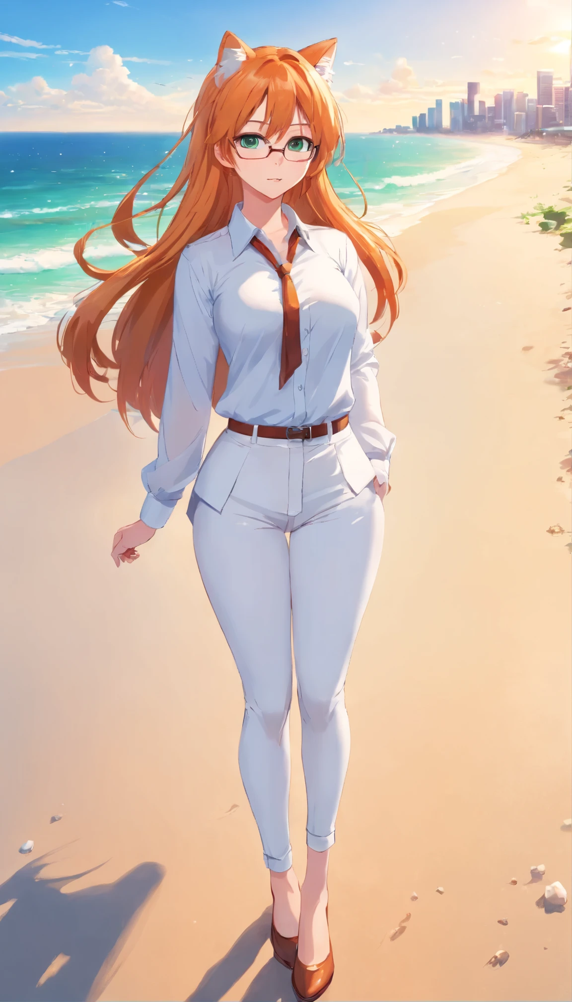 (masterpiece, Best quality), 8K, ultra detailed, realistic photo, Detailed face, perfect lighting, green eyes, bright orange hair, bright hair, fox ears, nice legs, side photo, beautiful, Cute, skin pores, 1 girl, perfect shirt, fully dressed, beautiful women 30 years old, Beautiful proportions, Russian woman, Caucasian, European, Business lady, stunningly beautiful woman, mother, thick legs, show ass, big breasts, (Thin white shirt:1.4), thick, hot, (White Office Wear:1.4), tight pants, (wide hips:1.2), thick, (white Office pants:1.3), spread your legs, Legs open, full length, wide hips, Glasses, with long orange hair, standing on the beach near the ocean, green eyes detailed digital anime art, cat ear, anime girl with long hair, гладкое аниме cg art, anime girl with long hair, digital anime art, work in Guweiz style, Beautiful anime portrait, Photorealistic render of an anime girl, pantyhose, Beautiful anime girl, advanced digital anime art, guweiz на artstation pixiv HD UHD HQ