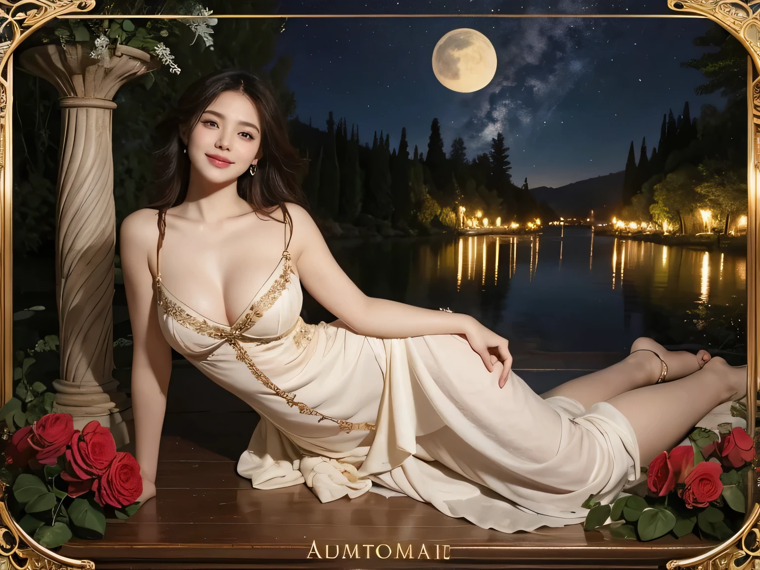 Giorgione painting style,Arguments of two female Philosophe,math、astronomical machine、astronaut、roses in vase、fruits、Cute trinkets、smile、ancient greek costume、Background is a forest lake at night 、Clothes that stretch your shoulders、A big smile、beautiful bare skin、A detailed representation of the seducing woman throughout her body.