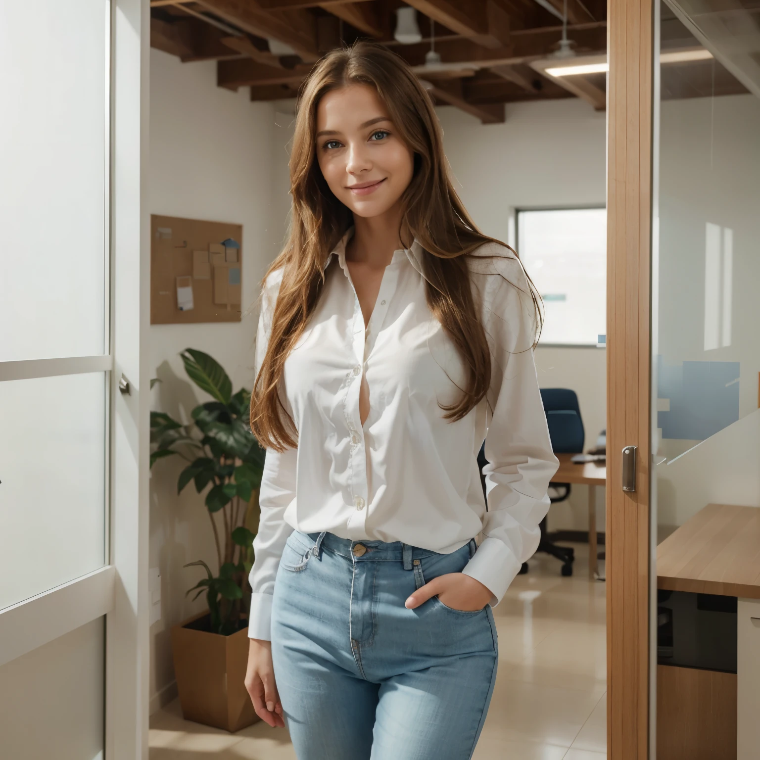 a professional woman with long, wavy light brown hair and blue eyes, wearing a white blouse, standing in a modern indoor office with big windows very light. She is smiling gently and looking at the camera. The background is blurred. 85mm, Studio Lighting, photorealistic