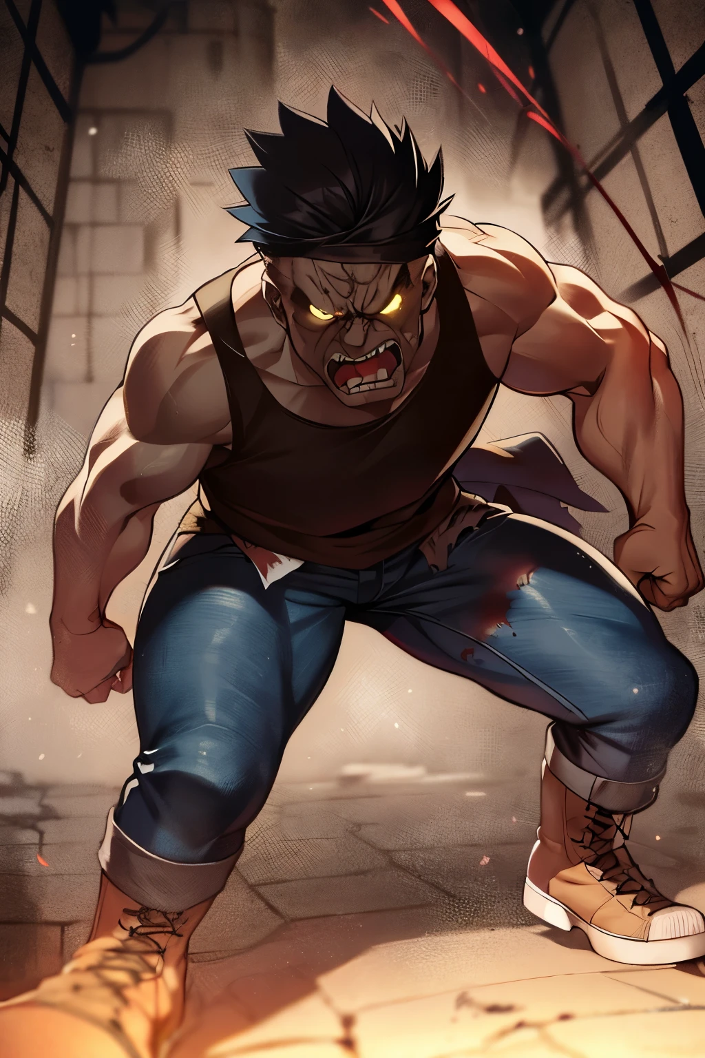 Menacing figure, imposing stature, towering over, massive muscle development, dark and ominous skin tone, shaven head, piercing eyes filled with rage, teeth bared in a snarl, torn, bloodstained bandana, torn jeans exposing muscular thighs, combat boots, clenched fist poised to strike, perspective part 1.5 times enhanced silhouette effect, dimly lit alleyway, slightly blurred background, ominous shadows casting menacing shapes, drips of spittle flying, aggressive and threatening demeanor.