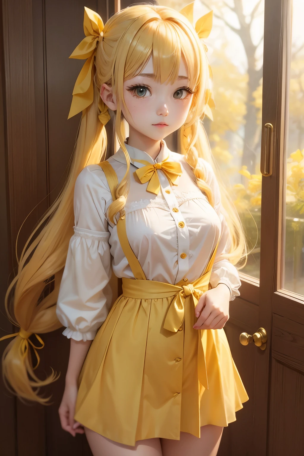 Golden Hair、cute 、Full nudity、Her hairy crotch is visible through her pulled-up skirt、Curly hair twin tails hairstyle、Yellow ribbon hair accessory、