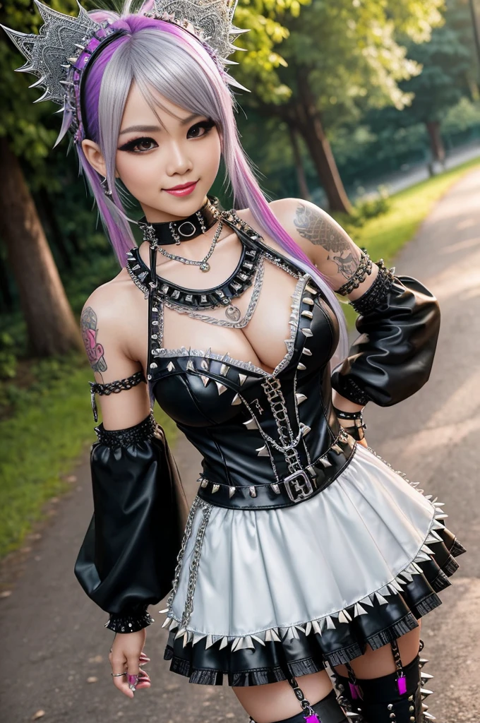sexy stylish Thai model, only 1 female, long multicolor stylish hair, ((shiny Punk-Style boots)), (big smile), ultra detailed eyes, professional makeup, lipgloss, ((sexy Punk ta cosplay)), unconventional skirt, petticoats, high neckline, ((ultra detailed lace)), ((ultra detailed embroidery)), intricate details, tartan patterns, ((silver chains)), ((silver spikes)), ((safety pins)), Punk Loliccessoires, Punk Lolita cr, ((large sparkling Punk Lolita jewel, cinematic light, detailed large park background with trees 