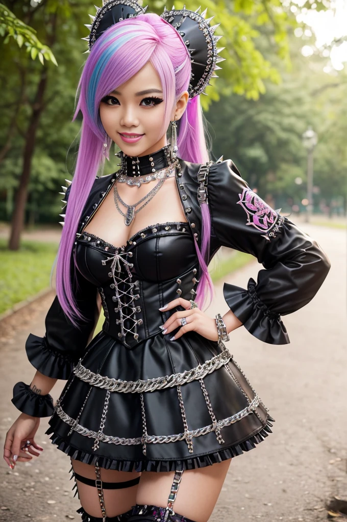 sexy stylish Thai model, only 1 female, long multicolor stylish hair, ((shiny Punk-Style boots)), (big smile), ultra detailed eyes, professional makeup, lipgloss, ((sexy Punk ta cosplay)), unconventional skirt, petticoats, high neckline, ((ultra detailed lace)), ((ultra detailed embroidery)), intricate details, tartan patterns, ((silver chains)), ((silver spikes)), ((safety pins)), Punk Loliccessoires, Punk Lolita cr, ((large sparkling Punk Lolita jewel, cinematic light, detailed large park background with trees 