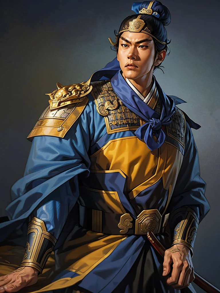 a detailed portrait of admiral yi sun-sin,leader of the joseon dynasty navy,stoic expression,holding a bow,wearing traditional korean military armor,dramatic lighting,realistic,highly detailed,cinematic,photorealistic,intricate details,chiaroscuro lighting,masterpiece