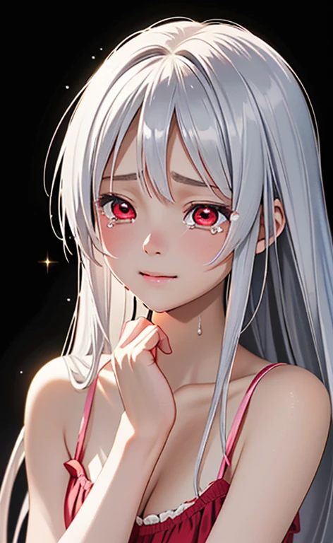 (Photorealistic:1.4)、asuna,(masterpiece、lens flare:1.5、spot light:1.2、Exquisite beautiful eyeonochrome:1.5,portlate、)、Cute Face、 3D Face、(platinum White hair:1.5、Straight Hair)、(1 Girl)、(Red eyes:1.2)、(upper body)、(),(Sundress)、 (Cute face:1.2),(crying smile),(half closed eyes),kind face,(Small breasts),(black background:1.5)、(glowing eyes:1.3)、(Tears flowing down my cheeks:1.3)、 Neat and clean、Adorable、Slim Body(Tareme:1.5),Shiny Hair、(Glowing pink Skin)、Nijisketch,Manga,zydG