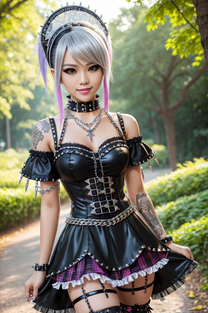 sexy stylish Thai model, only 1 female, long multicolor stylish hair, ((shiny Punk-Style boots)), (big smile), ultra detailed eyes, detailed makeup, lipgloss, ((sexy Punk ta cosplay)), unconventional skirt, petticoats, high neckline, ((ultra detailed lace)), ((ultra detailed embroidery)), intricate details, tartan patterns, ((silver chains)), ((silver spikes)), ((safety pins)), Punk Loliccessoires, Punk Lolita cr, ((large sparkling Punk Lolita jewel, cinematic light, detailed large park background with trees