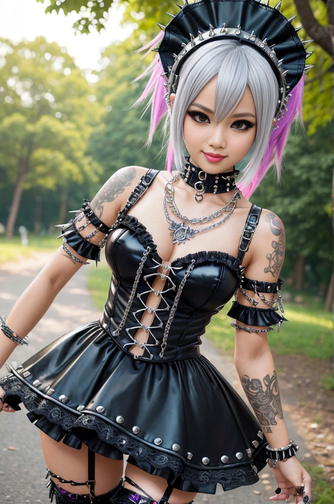 sexy stylish Thai model, only 1 female, long multicolor stylish hair, ((shiny Punk-Style boots)), (big smile), ultra detailed eyes, detailed makeup, lipgloss, ((sexy Punk Lolita cosplay)), unconventional skirt, petticoats, high neckline, ((ultra detailed lace)), ((ultra detailed embroidery)), intricate details, tartan patterns, ((silver chains)), ((silver spikes)), ((safety pins)), Punk Lolita accessoires, Punk Lolita choker, ((large sparkling Punk Lolita jewelry)), cinematic light, detailed large park background with trees
