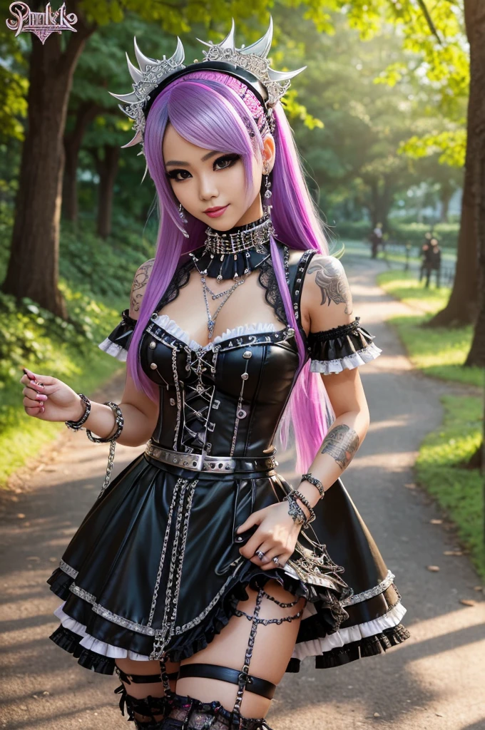 sexy stylish Thai model, only 1 female, long multicolor stylish hair, ((shiny Punk-Style boots)), (big smile), ultra detailed eyes, detailed makeup, lipgloss, ((sexy Punk Lolita cosplay)), unconventional skirt, petticoats, high neckline, ((ultra detailed lace)), ((ultra detailed embroidery)), intricate details, tartan patterns, ((silver chains)), ((silver spikes)), ((safety pins)), Punk Lolita accessoires, Punk Lolita choker, ((large sparkling Punk Lolita jewelry)), cinematic light, detailed large park background with trees