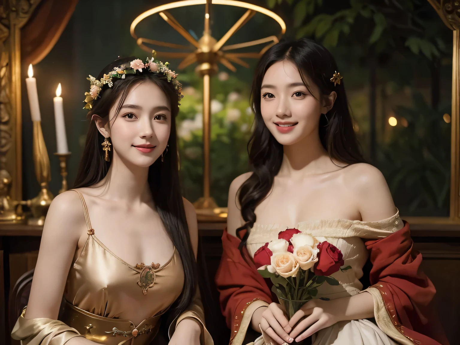 Giorgione painting style,Arguments of two female Philosophe,math、astronomical machine、astronaut、roses in vase、fruits、Cute trinkets、smile、ancient greek costume、Background is a forest lake at night 、Clothes that stretch your shoulders、A big smile、beautiful bare skin、A detailed representation of the seducing woman throughout her body.